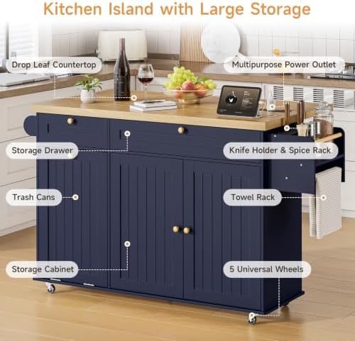 ONBRILL 60" Kitchen Island with Trash Can Storage, Rolling Island Table - Image 3