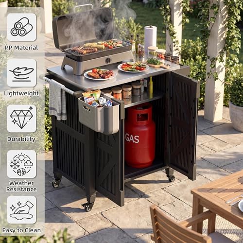 Outdoor Grill Cart with Stainless Steel Top, Outdoor Kitchen Island BBQ Prep Table, Storage Cabinet, Mobile Grill Cart with Folding Hanging Trash Bin, Wheels, Side Shelf for Patio, Garden, Picnic - Image 6