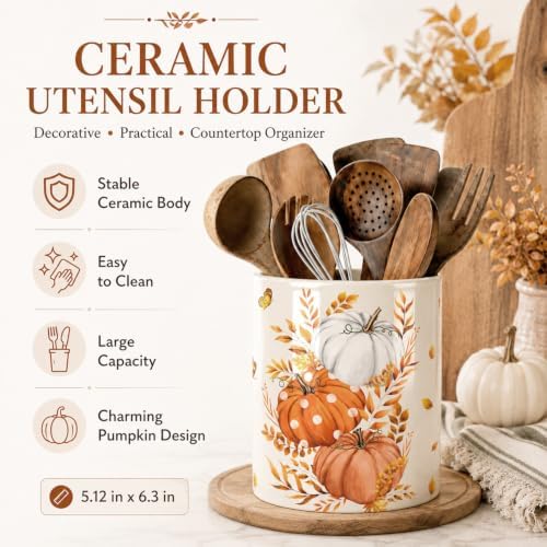 Fall Pumpkin Utensil Holder, Orange Autumn Decor Large Ceramic Utensil Holder For Kitchen Organizer, Farm 6.3'' Cooking Utensil Crocks Rustic Decor Utensil Storage Cup for Countertop - Image 5
