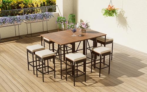 GO 10-Piece Outdoor Acacia Wood Bar Height Table And Eight Stools With Cushions, Garden PE Rattan Wicker Dining Table, Foldable Tabletop, High-Dining Bistro Set, All-Weather Patio Furniture, Brown - Image 4