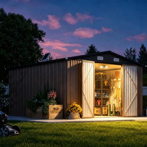 Aoxun 12 x 10FT Outdoor Storage Shed with Solar-Powered Light, Brown by Aoxun