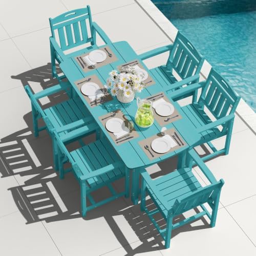 HDPE Outdoor Dining Set, Patio Table and 6 Chairs, 2" Umbrella Hole, Lake by Suunyn
