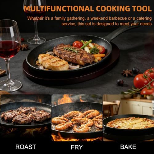 DVK Cast Iron Fajita Plate Set Pre-Seasoned Fajita Skillet with Wooden Base Anti Scald Mitt Sizzling Plate for Grill Stove Oven Home BBQ Restaurant Catering - Image 4