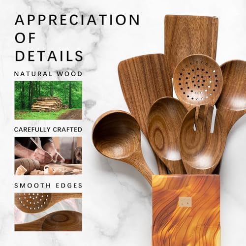 Wooden Spoons for Cooking, 7-Piece Acacia Wood Cooking Utensil Set - Image 4