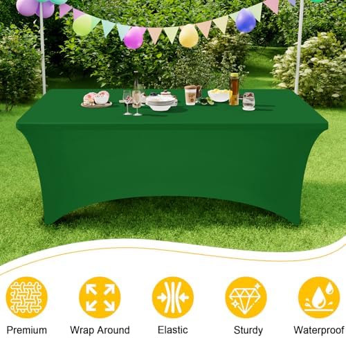 Smiry 2Pack Spandex Table Cloth 8FT, Elastic Fitted EmeraldGreen Tablecloth - Image 3