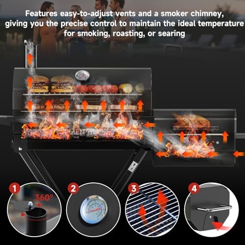 Portable Charcoal Grill with Smoking Function, Foldable Suitcase Design with Wheels, Multi-Tier Storage Rack & Waterproof Cover for Outdoor BBQ Parties (Black) - Image 2