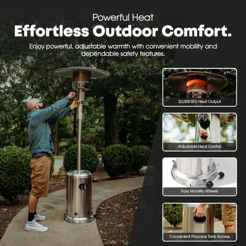 GasOne 50,000 BTU Outdoor Propane Patio Heater, Stainless Steel with Wheels - Image 3