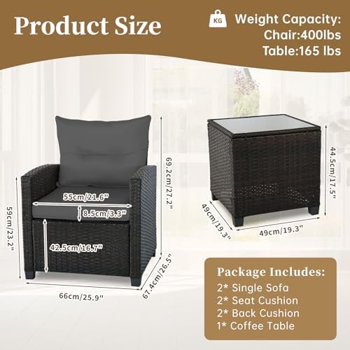 3 PCS Patio Wicker Conversation Set Sofa Table Set Gray Cushion - Image 4