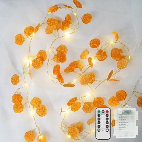 suddus Vine with Fairy Lights Battery Operated, 33ft 100 LED Eucalyptus Leaf String Lights with Remote, Dimmable Fall Garland with Lights for Bedroom Indoor Thanksgiving Christmas Decor (Warm White) by SUDDUS