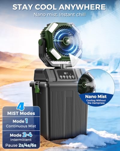 40000mAh Misting Fans for Outside, 15L Large Tank Portable Misting Fan, Battery Powered Outdoor Mister Fan with Remote & LED Light, Wide 270° Coverage for Camping Patio Backyard (Black Green) - Image 2