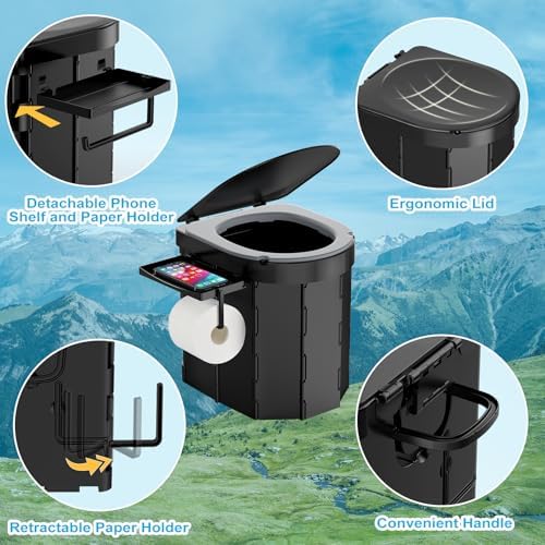 PAHTTO Portable Camping Toilet, Foldable Toilet for Adults with Detachable Phone Shelf and Toilet Paper Holder, Waterproof Porta Potty with Lid for Camping, Hiking, RV Travel, Road Trips - Image 3