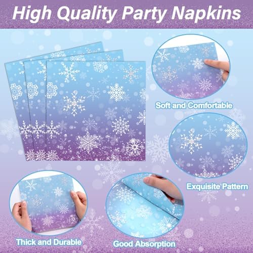 96 Pcs Winter Snowflake Paper Plates and Napkins Blue Purple Snowflake Disposable Tableware Winter Wonderland Dinnerware for Christmas New Year Birthday Party Decor Supplies - Image 4