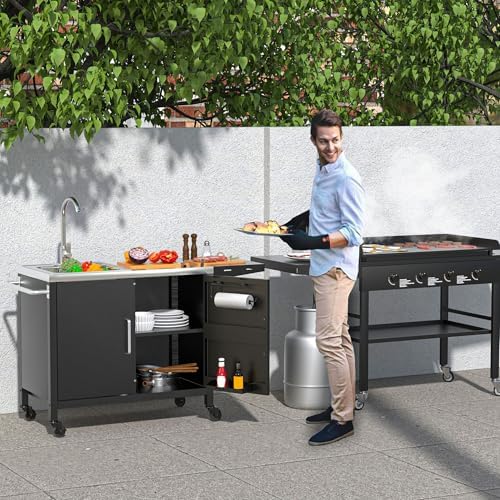 GDLF Outdoor Grill Table with Sink, Metal Grill Cart Sink Station - Image 2