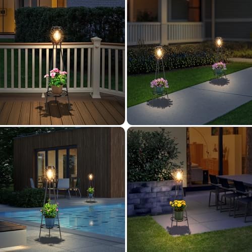 MXwcy 2 Pack Solar Lights Outdoor with LED Edison Bulbs, Vintage Style Solar Floor Lamp with Plant Stands, Weatherproof Garden Lights for Pathway, Patio, Yard, Porch Decor 8-10 Hours Lighting - Image 5