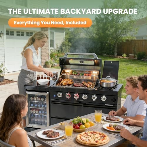 65" Rolling Outdoor Kitchen Island,Built-In 4-Burner 72,000 BTU Stainless Steel Gas Grill with Rotisserie Oven,Granite Countertops & Beverage Fridge.(Black + Fridge, Natural Gas) - Image 2