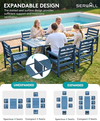 SERWALL 60" - 83" Expandable Outdoor Dining Table and 6 HDPE Chairs, Blue - Image 3