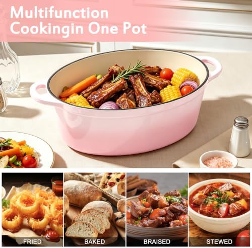 Enameled Dutch Oven Pot with Lid, 7 QT Cast Iron Dutch Oven with Dual Handles, Oval Dutch Oven for Cooking, Bread Baking, Frying, Non-stick Enamel Coated Oven (Gradient Pink) - Image 6