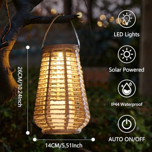 Hanging Solar Lanterns Outdoor Waterproof, Hand-Woven Hemp Rope,10x5.5 Inch - Image 4