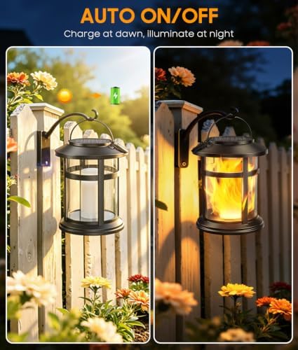 Solar Lanterns Outdoor Waterproof, 2 Pack Upgraded Flickering Flame Hanging Solar Lights for Outside Decorative, Solar Powered Lanterns Lighting for Garden Patio Table Porch Decor Gifts - Image 6