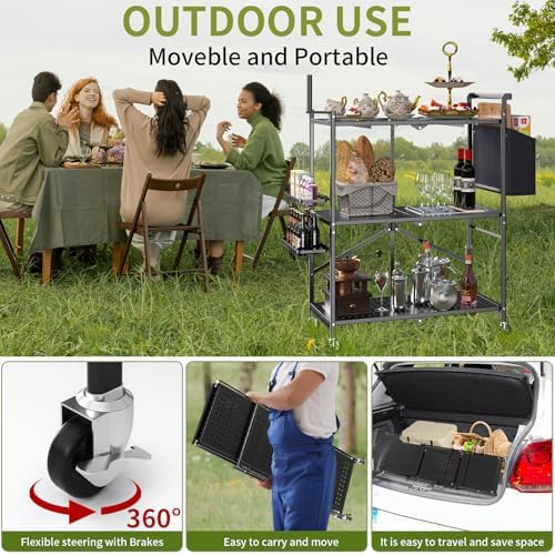 DTUQYX Foldable Outdoor Grill Cart with 3-Tier,Grill Cart,Grill Table for Outside with 2 Total Lock Casters，Pizza Oven Stand Table，Rolling BBQ Table and Folding Kitchen Island, Black - Image 6