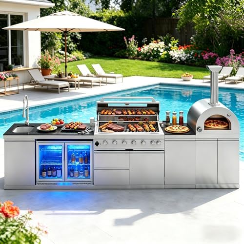 147" Outdoor Kitchen Island,Propane BBQ Grill with Pizza Oven,Rotisserie,Double Door Refrigerator,Storage Cabinets,Granite Countertop & Drawers,120,000 BTU,Stainless Steel Material. by INOTEVERITORY