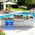 147" Outdoor Kitchen Island,Propane BBQ Grill with Pizza Oven,Rotisserie,Double Door Refrigerator,Storage Cabinets,Granite Countertop & Drawers,120,000 BTU,Stainless Steel Material. by INOTEVERITORY