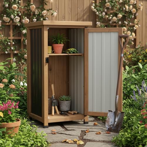Small Outdoor Storage Cabinet, Wood & Metal Storage Shed with Weatherproof Roof, Removable Shelf, Lockable Door, 2 Metal Hinges, Adjustable Feet, Outside Storage Cabinet - Image 2