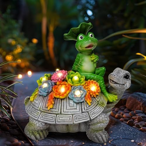 Solar Garden Outdoor Statues Turtle& Frog with Succulent and 8 LED Lights by ILLUMINEW