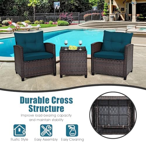 Tangkula 3 Pieces Patio Furniture Set, PE Rattan Wicker 3 Pcs Outdoor Sofa Set w/Washable Cushion and Tempered Glass Tabletop, Conversation Furniture for Garden Poolside Balcony (Prussian Blue) - Image 7