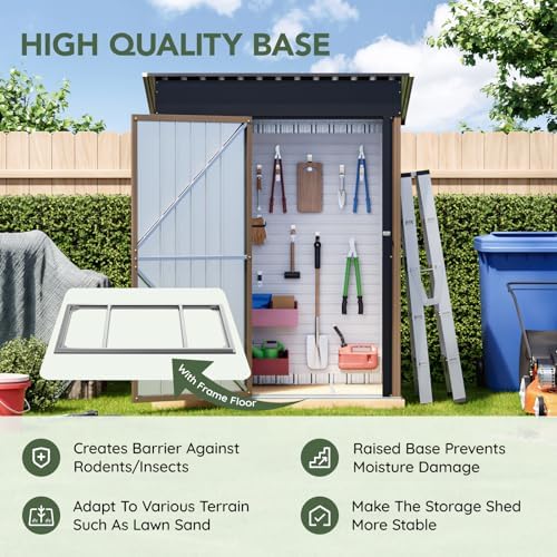 3 x 5 FT Storage Shed with Floor Frame for Backyard, Brown - Image 3