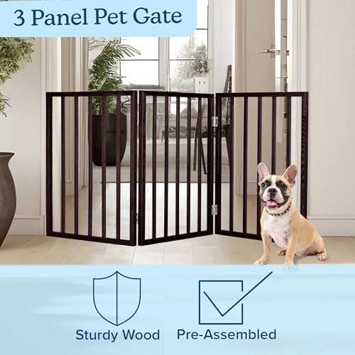 3-Panel Indoor Foldable Dog Fence for Stairs, Hallways, or Doorways - 54x24-Inch Wood Freestanding Dog Gates by PETMAKER (Brown) - Image 3