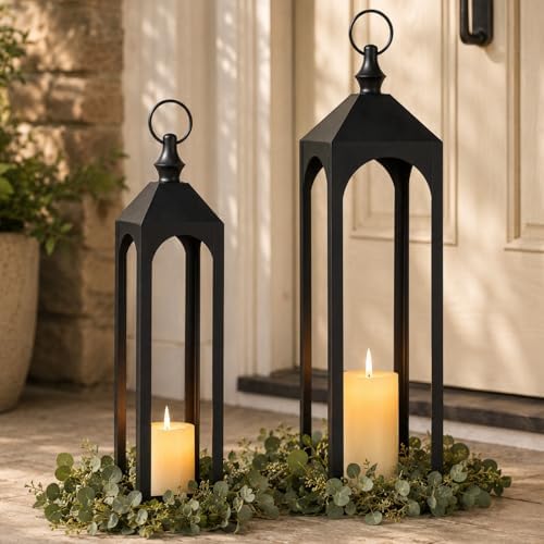 24" & 20" Large Outdoor Floor Lantern, Black Fall Porch Decor by Staymoment