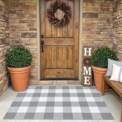 MUBIN Cotton Buffalo Plaid Rug, 27.5x43 Gray White Outdoor Rug Front Door Decorative Mat, Washable Doormat Hand-Woven Foldable Area Rug Layered Door Mats Rug for Front Porch, Entryway, Patio by MUBIN