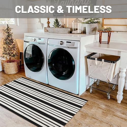 IOHOUZE 2.3x3.6 Striped Outdoor Door Mat, Washable Porch Rug, Black White - Image 4
