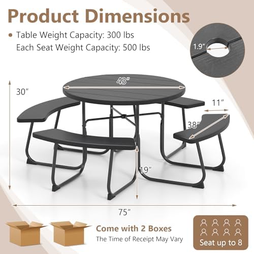 COSTWAY Round Outdoor Picnic Table with Bench Set for 4-8 People (Black) - Image 3