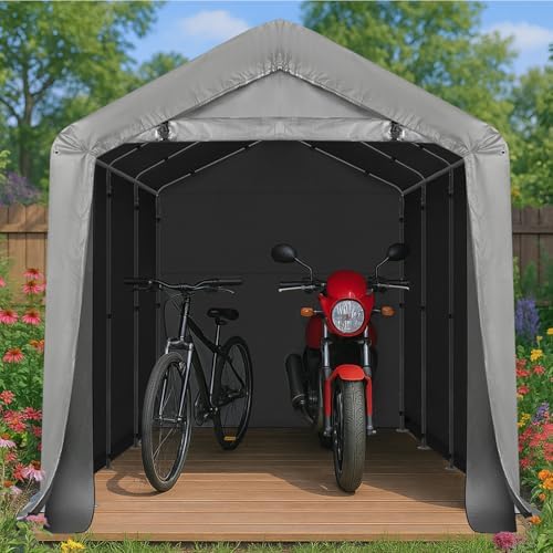 VINGLI Outdoor Portable Storage Shed, Heavy Duty Bike Tent with Roll-up Zipper Door, Waterproof and UV Resistent Carport for Motorcycle, Garden Tools and Firewood (Gray, 8x12x6.8 FT) - Image 7