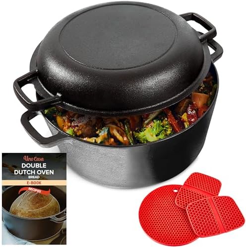Uno Casa 2-in-1 Cast Iron Dutch Oven Large - 5 Quart Dutch Oven Pot with Lid, Pre-Seasoned Cooking Dish for Bread Baking and Stews - Heavy Duty Cast Iron Pot with Detachable Frying Pan Lid for Versatile Cooking by UnoCasa