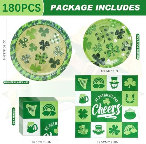 180PCS St.Patrick's Paper Plates and Napkins Party Supplies Serve 60 - Image 2