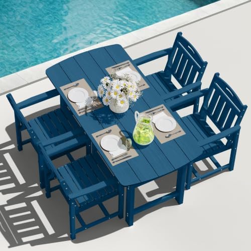 HDPE Outdoor Dining Set, Patio Table and 4 Chairs, 2" Umbrella Hole, Navy by Suunyn
