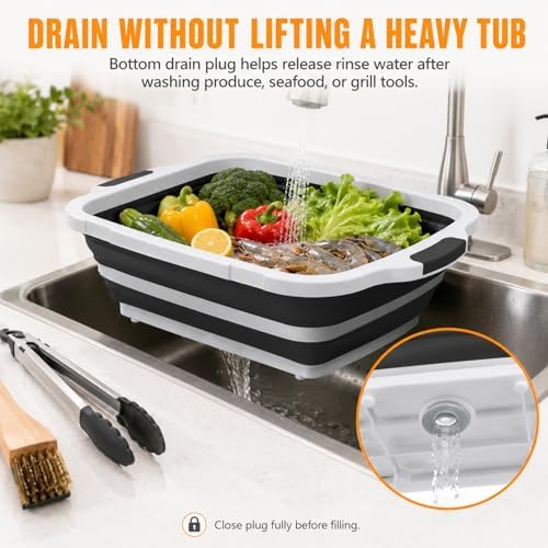 BBQ Prep Tub, 16L Black Collapsible Sink with Cutting Board Lid - Image 6
