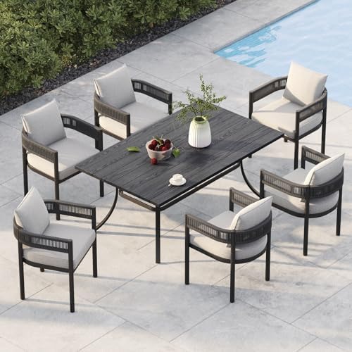 Grand patio Outdoor Dining Set, 7-Piece Patio Table and Chairs Set, Metal Woven Wicker Fixed Patio Chairs with Thickened Cushions & 1 Rectangular Woodgrain Dining Table with Umbrella Hole (Black) by GrandPatio