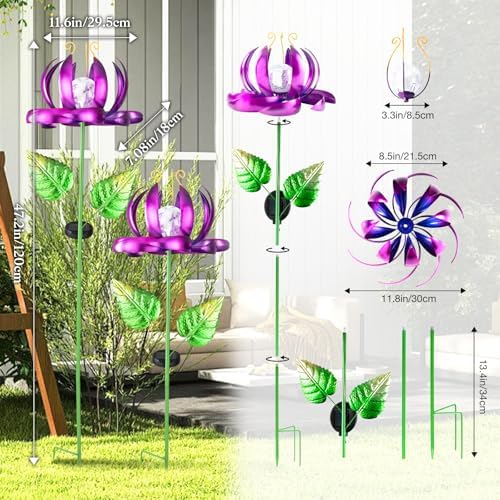 Garden Decor Solar Wind Spinners- Metal Lotus Flower Yard Lights LED Crackle Glass Globe Yard Art Sculpture Solar Stake Lights for Patio Pathway Lawn Walkway(Purple-Large) - Image 3