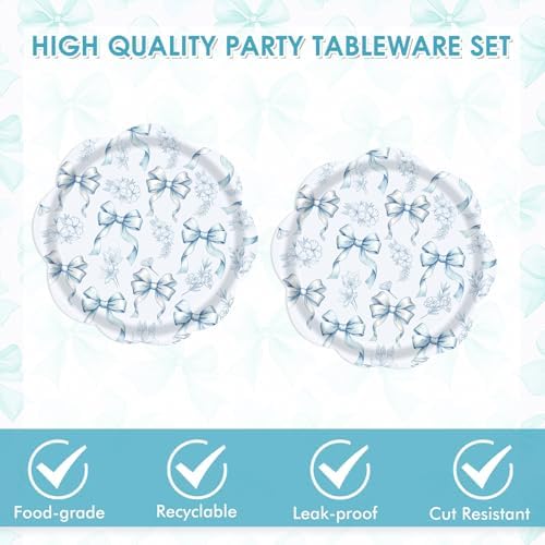 Blue Floral Plates,40pcs Blue Bow Disposable Paper Plates and Napkins Set includes Scalloped Blue White Floral Paper Plate & Napkins for Bridal Shower, Tea Party, Wedding & Birthday - Image 4