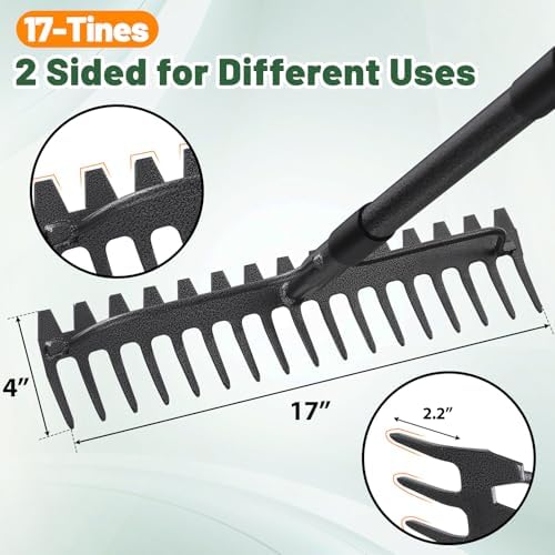 Rake, 17 Tines with 49 Inch Handle, 17 Inch Wide Heavy Duty Garden Thatch Leaf Rake for Raking Leaf Loosening Soil Gathering Mulch Leveling Rocks, Rustproof Metal Bow Rakes for Leaves Grass - Image 2