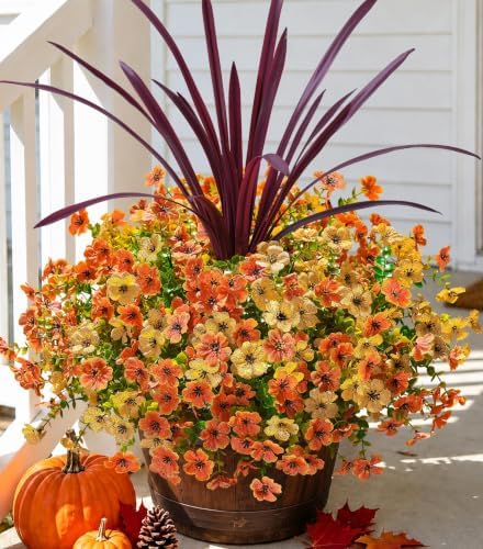 Fall Flowers Artificial Mums for Outdoors Autumn Decor, 12 Bundles Fake Fall Mums with 1 pcs Burgundy Orchid Leaf UV Resistant Realistic Faux Plants for Outside Home Porch Patio Planter, Orange Yellow by florisso