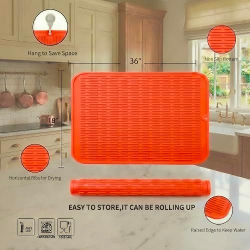 MicoYang Silicone Dish Drying Mat for Multiple Usage,Easy clean,Eco-friendly,Heat-resistant Silicone Mat for Kitchen Counter or Sink,Refrigerator or Drawer Liner Orange 5XL 36inches x 18inches - Image 2