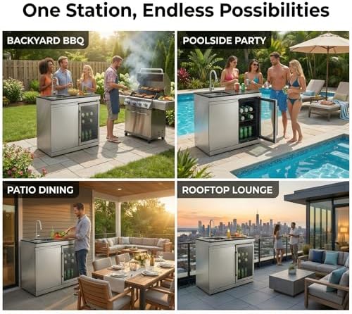 Sink and Fridge Combo for Outdoor Kitchen, 70L Refrigerator and Sink with Pull-Down Faucet, Brushed SS and Black Granite Countertops, All-in-One BBQ Island Cleaning Station (Silver) - Image 4