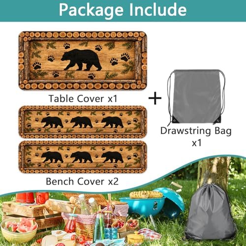 Forest Theme Picnic Table Cover with Bench Covers 6FT, Camping Essentials, Wood Grain Bear Waterproof Windproof Oilproof, Fitted Tablecloth Cover with Elastic Edge for Outdoor Garden 3 PCS 30x96 Inch - Image 5