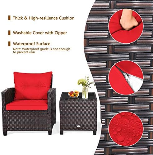 RELAX4LIFE 3 Piece Patio Furniture Set, Wicker Bistro Conversation Set w/ 2 Cushioned Armchairs & Glass Topped Table, Outdoor Rattan Sofa Set Patio Furniture for Porch Balcony Poolside (Red) - Image 4