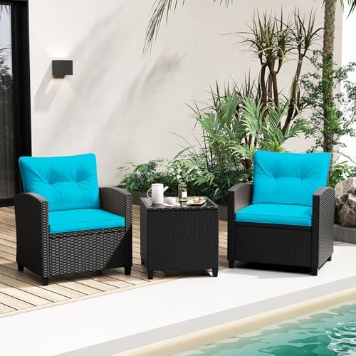 RELAX4LIFE 3-Piece Patio Furniture Set - Wicker Rattan Bistro Sofa Set w/Glass Top Coffee Table, Washable Cushions for Porch Balcony Backyard Poolside, Outdoor Furniture Conversation Set (Turquoise) by RELAX4LIFE